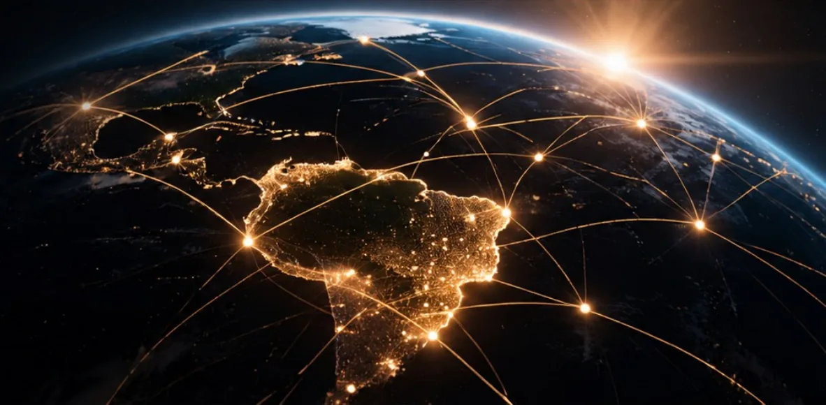 Globo com conexões luminosas sobre a América do Sul