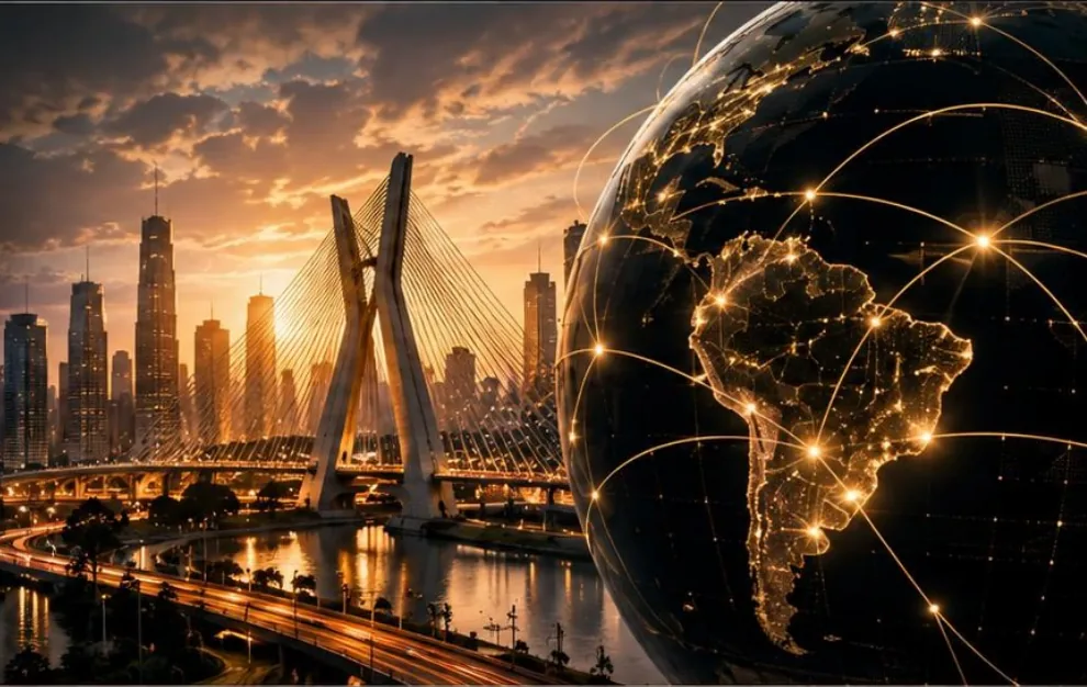 Ponte estaiada, horizonte de São Paulo e globo luminoso